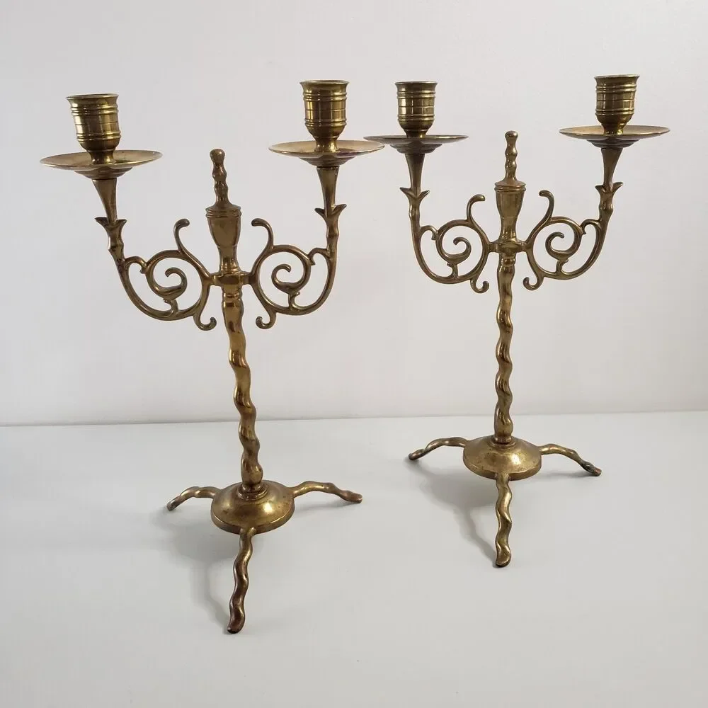 Antique Brass Candlesticks Twist Swirl Scroll Pair Double Candelabra Holders